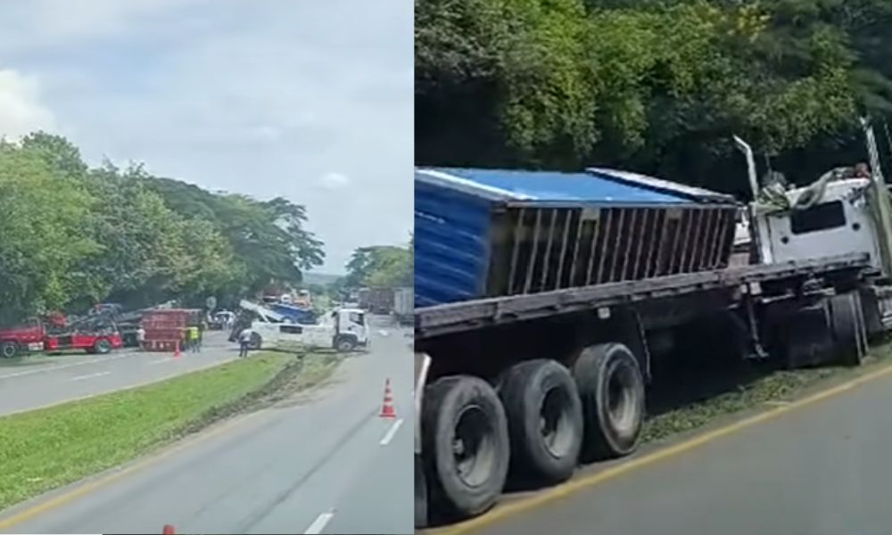 Fuerte congestión vehicular en la variante de Tuluá por volcamiento de contenedores